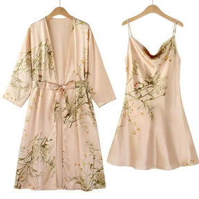 Conjunto Camisola Feminina Curta com Robe Florais Champagne